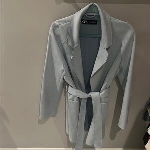 Zara Women's Faux Suede Baby Blue Belted Coat